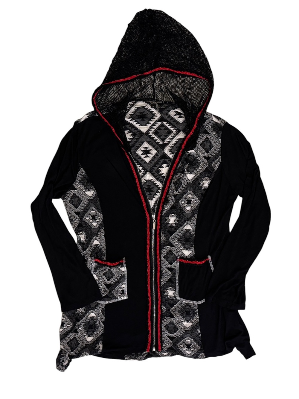 Alberto Makali Light Flowy Zip Jacket Mesh Hood Geometric Black Red Women's XL